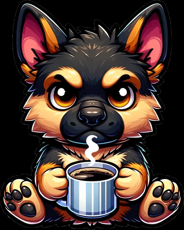Sarge the German shepherd, alert and unamused with a cold brew