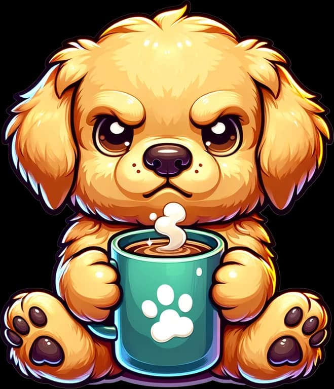 Sunny the golden retriever, beaming over an oversized coffee