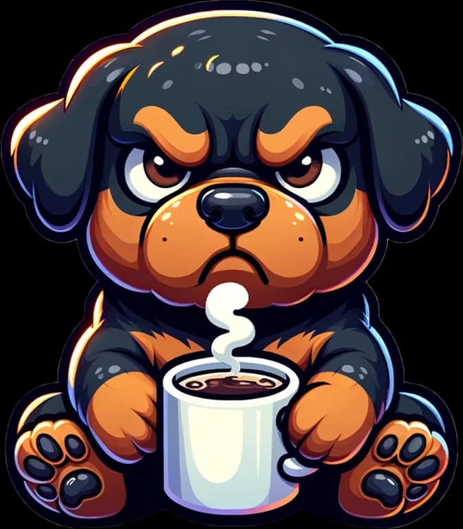 Bruno the rottweiler, glowering over a white mug of black coffee